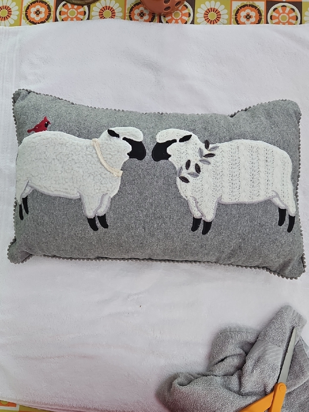 Source Unknown Gray Sheep Appliqué Holiday Pillow with Red Bird